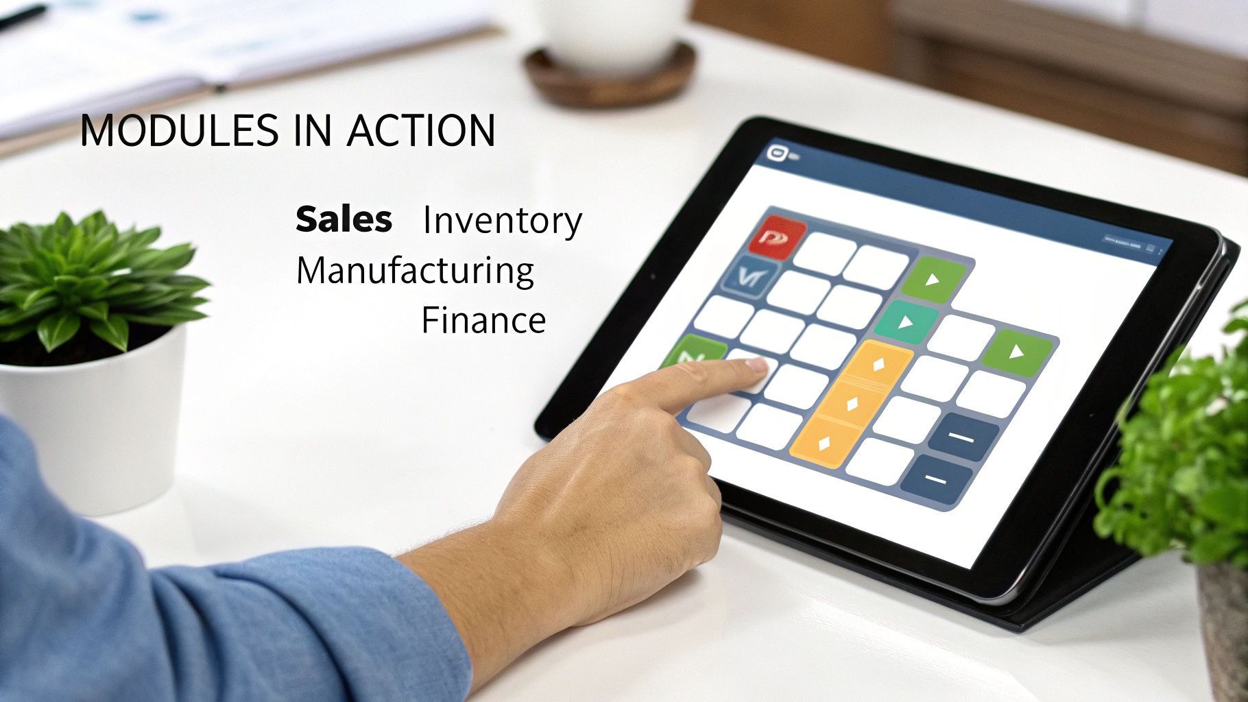 An interactive dashboard on a tablet showing Odoo's core module interfaces.