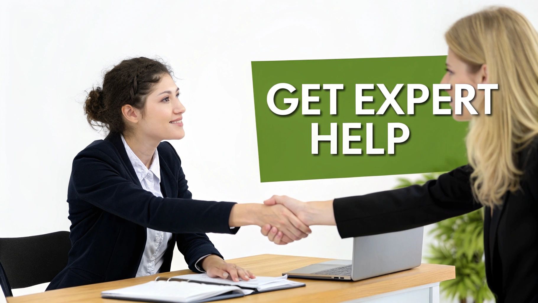 Two professional women shaking hands across desk with get expert help text displayed