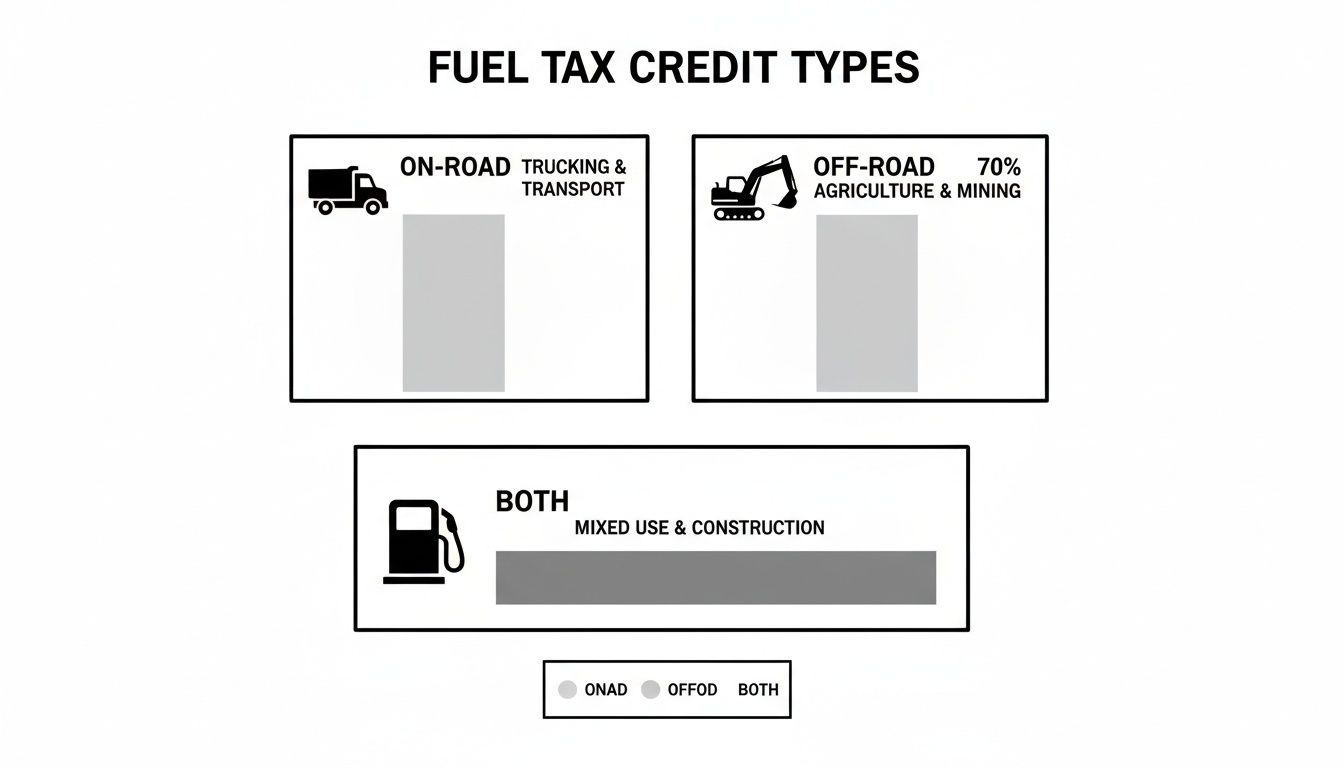 Infographic showing fuel tax credit types for on-road, off-road, and mixed-use categories.