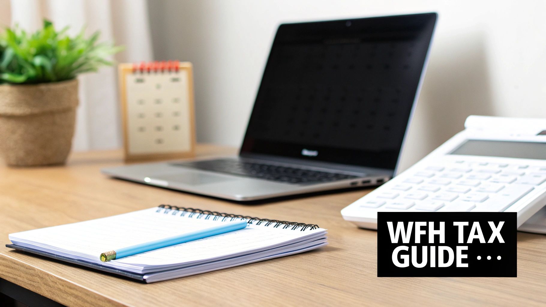 A home office desk with a notepad, pencil, laptop, and calculator, suggesting work-from-home tax preparation.