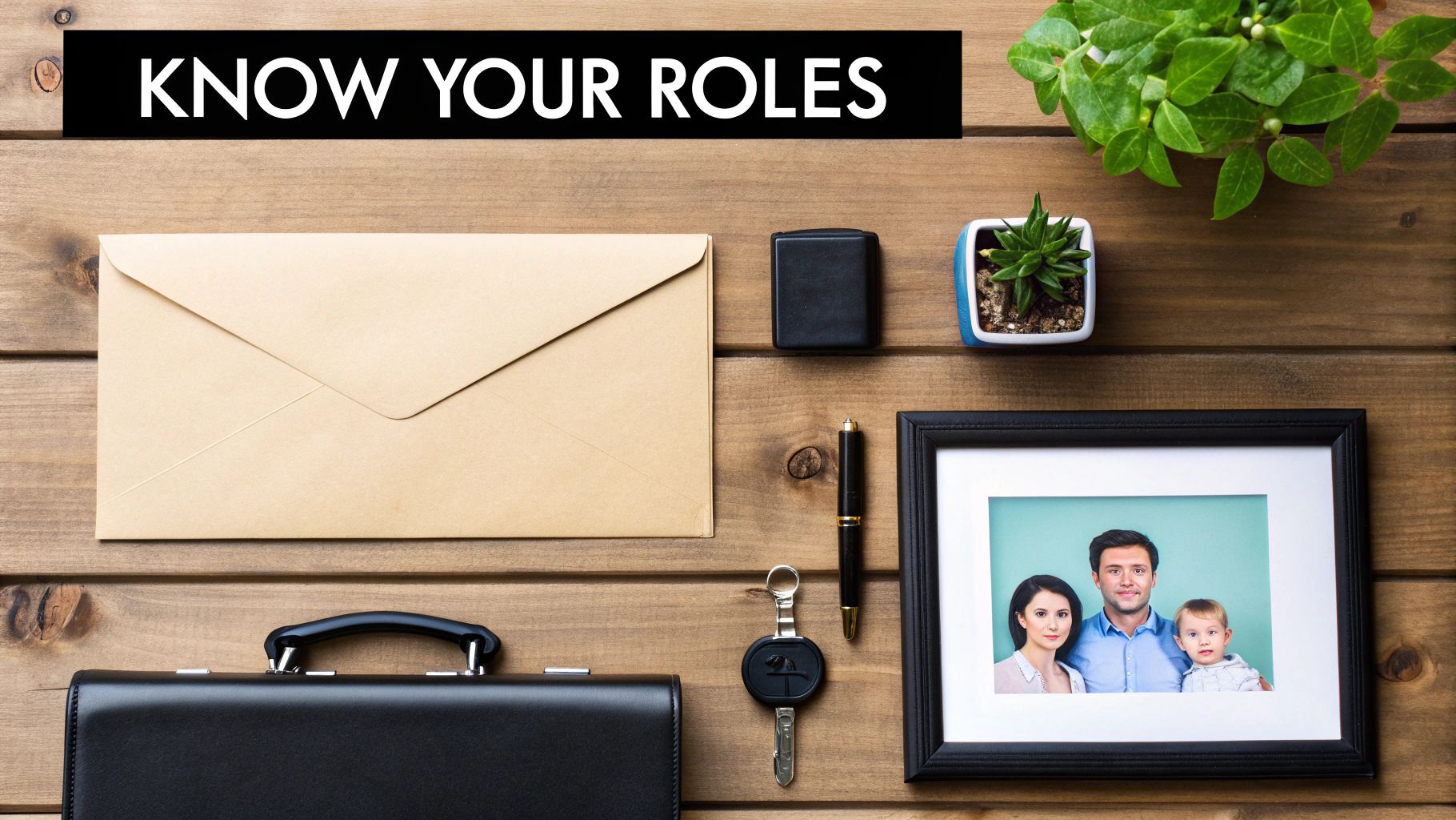 Flat lay of work essentials and a family photo on a wooden desk, with 'KNOW YOUR ROLES' text.