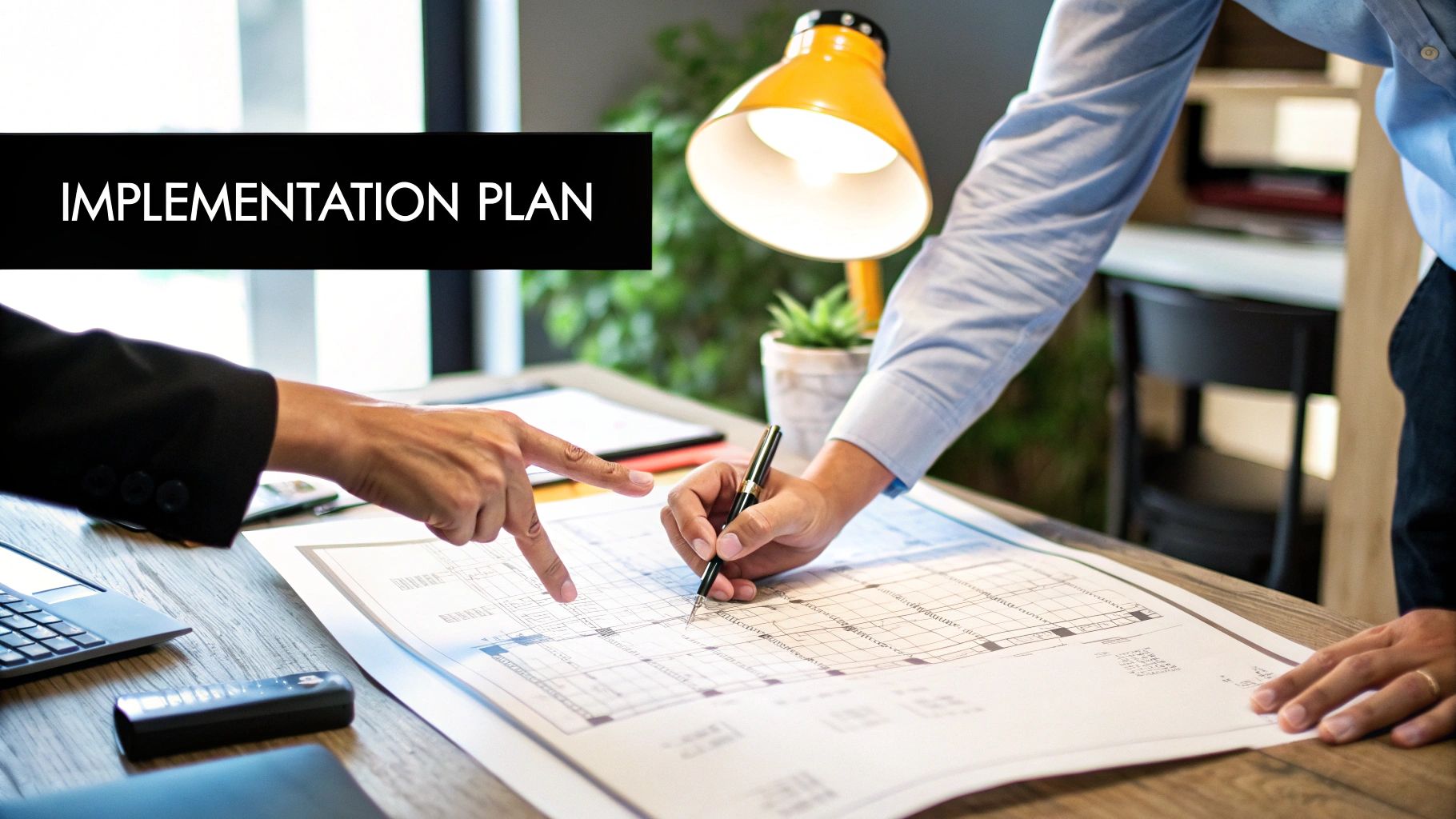 A team collaborating around a table with a laptop showing a project plan, symbolising a smooth ERP implementation process.