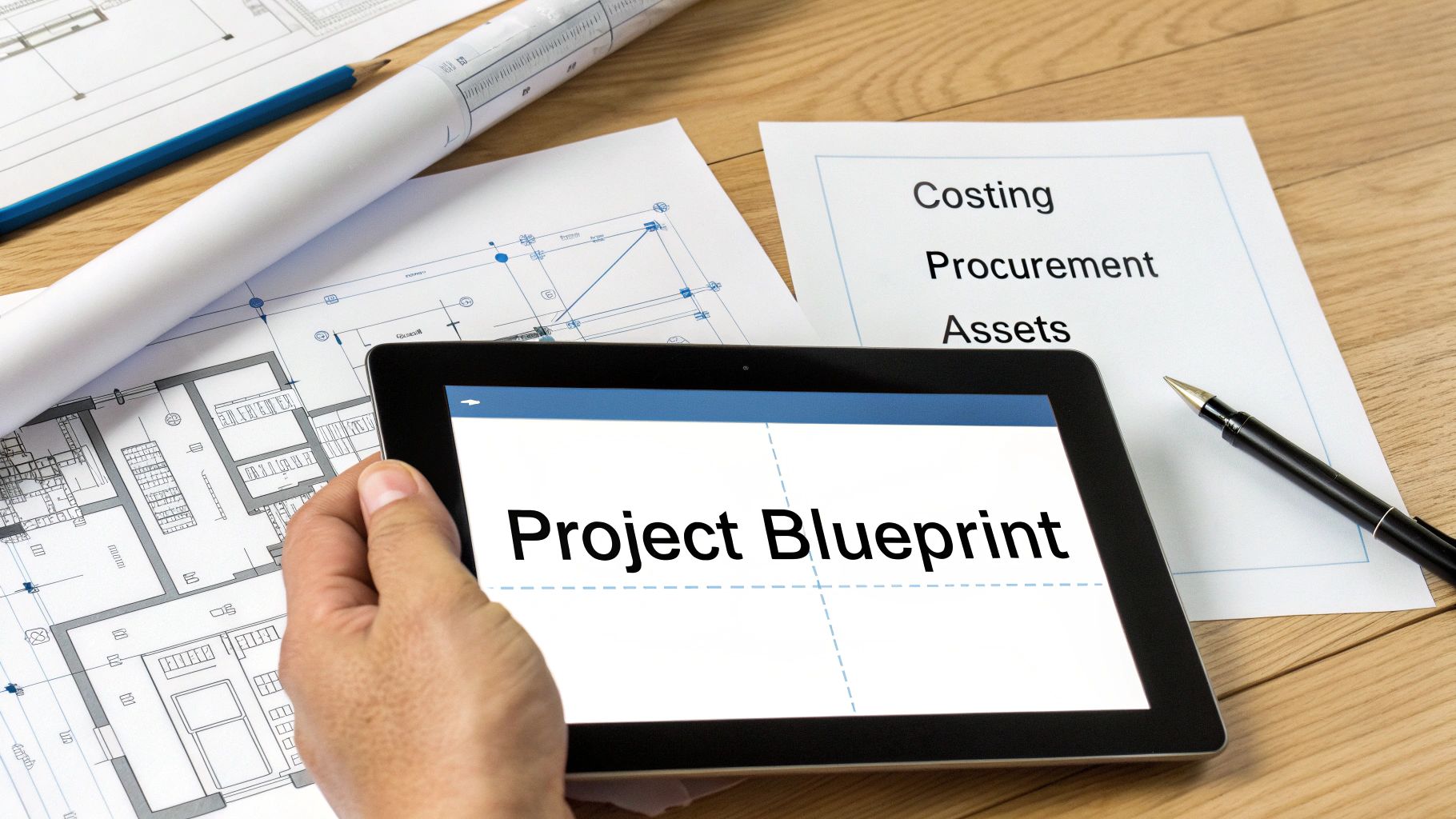 A hand holds a tablet displaying 'Project Blueprint' amidst architectural plans and business documents.
