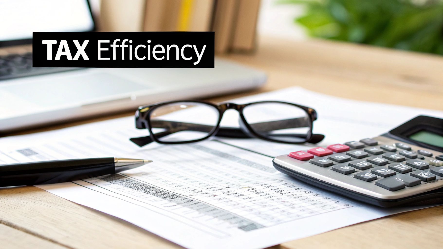 An office desk with a calculator, pen, glasses, and financial documents, displaying 'TAX Efficiency'.