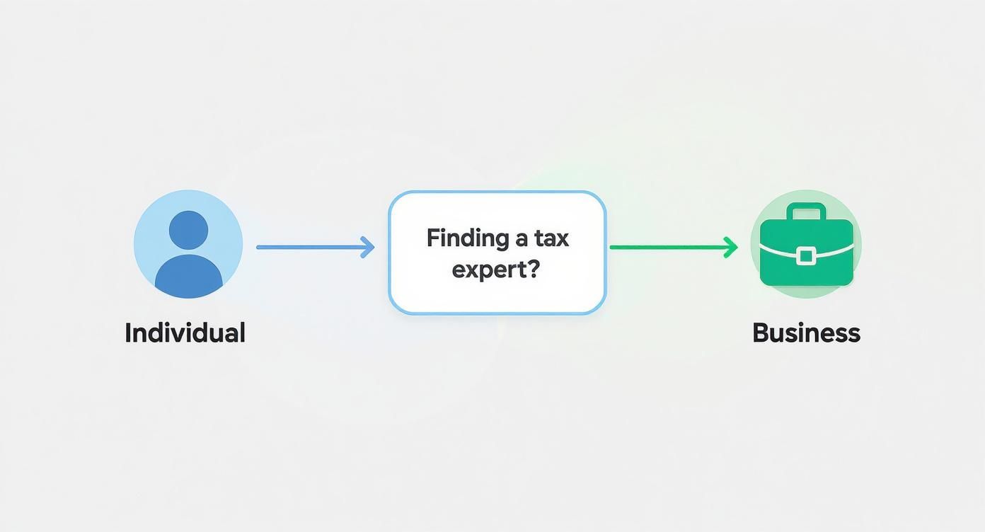 Infographic decision tree showing two paths for finding a tax expert: one for individuals and one for businesses.