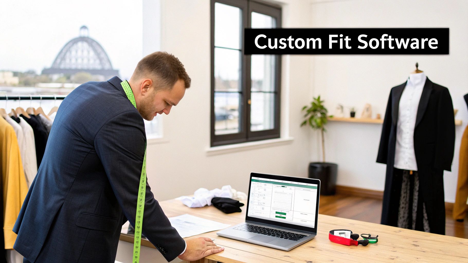 A tailor uses custom fit software on a laptop in his studio with mannequins and clothes.