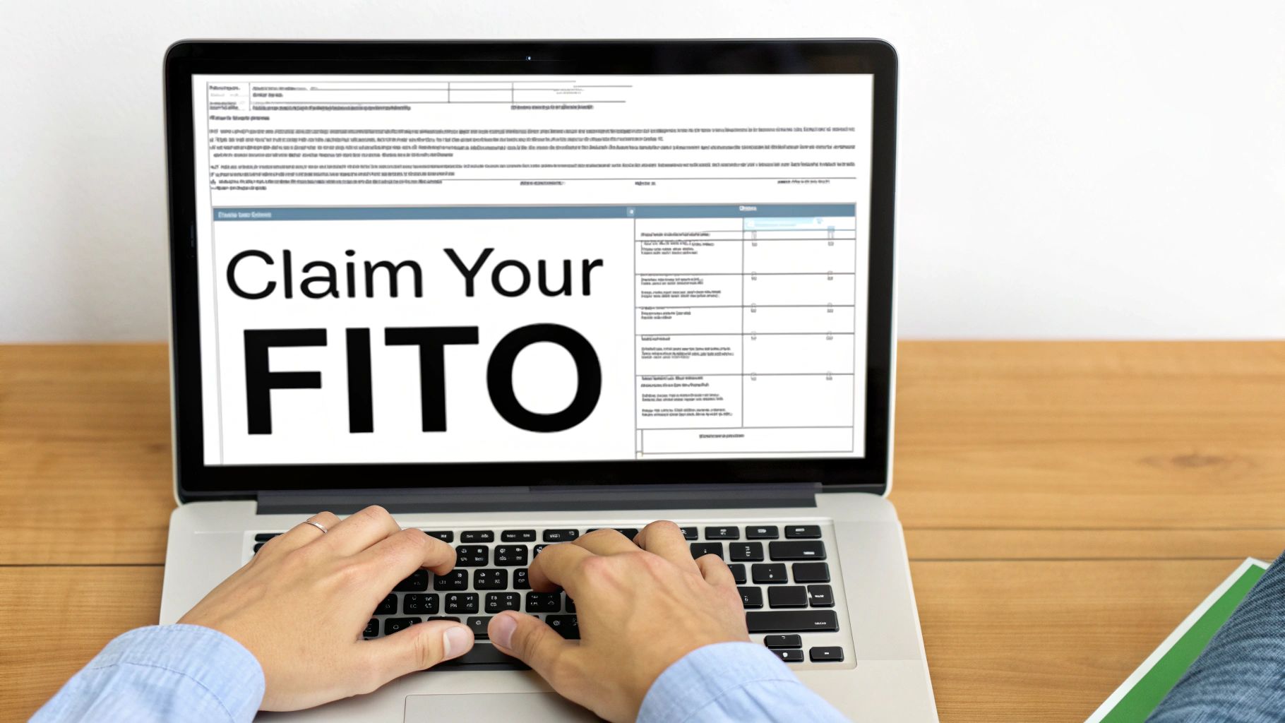 A person types on a laptop screen displaying a form to 'Claim Your FITO' on a wooden desk.