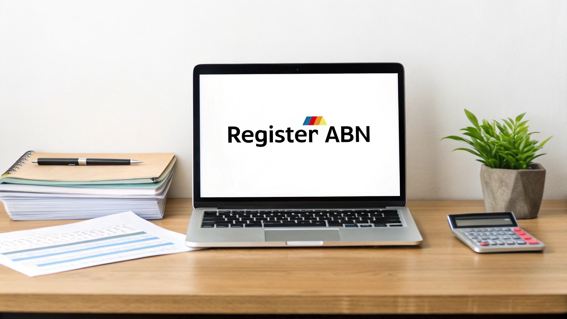 A clean workspace featuring a laptop displaying 'Register ABN', with documents, a pen, and a plant.
