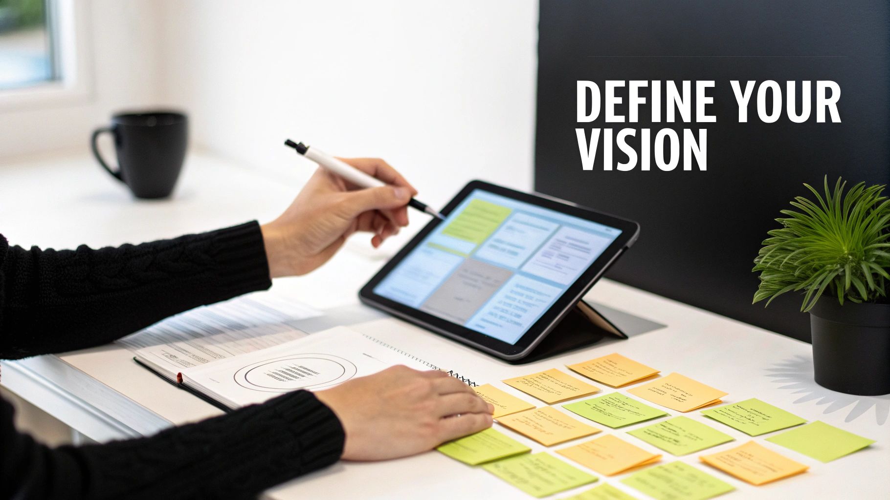 Person using stylus on tablet with colorful sticky notes planning mobile app development vision