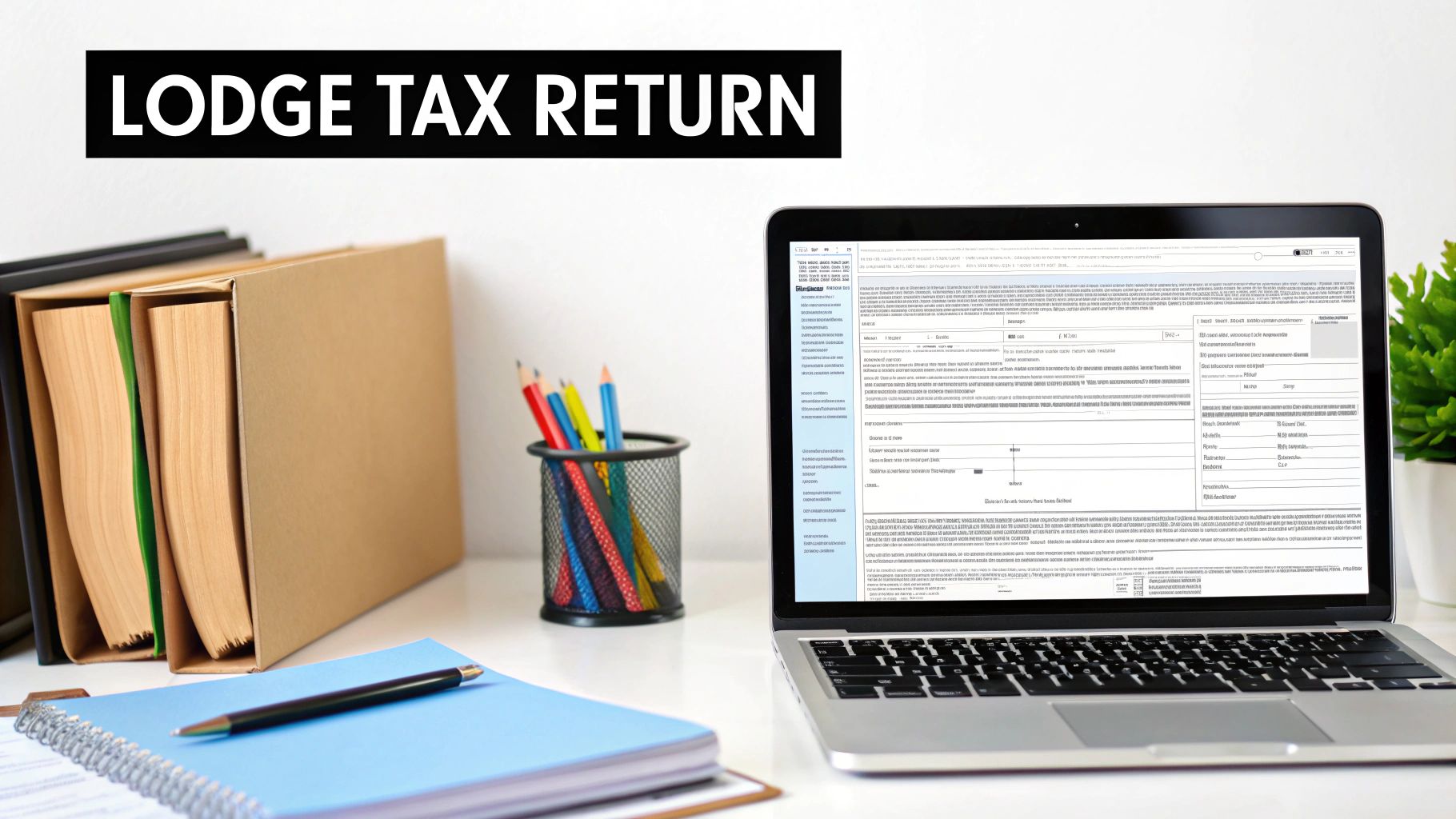 A sole trader organising tax documents and receipts on a desk with a laptop.