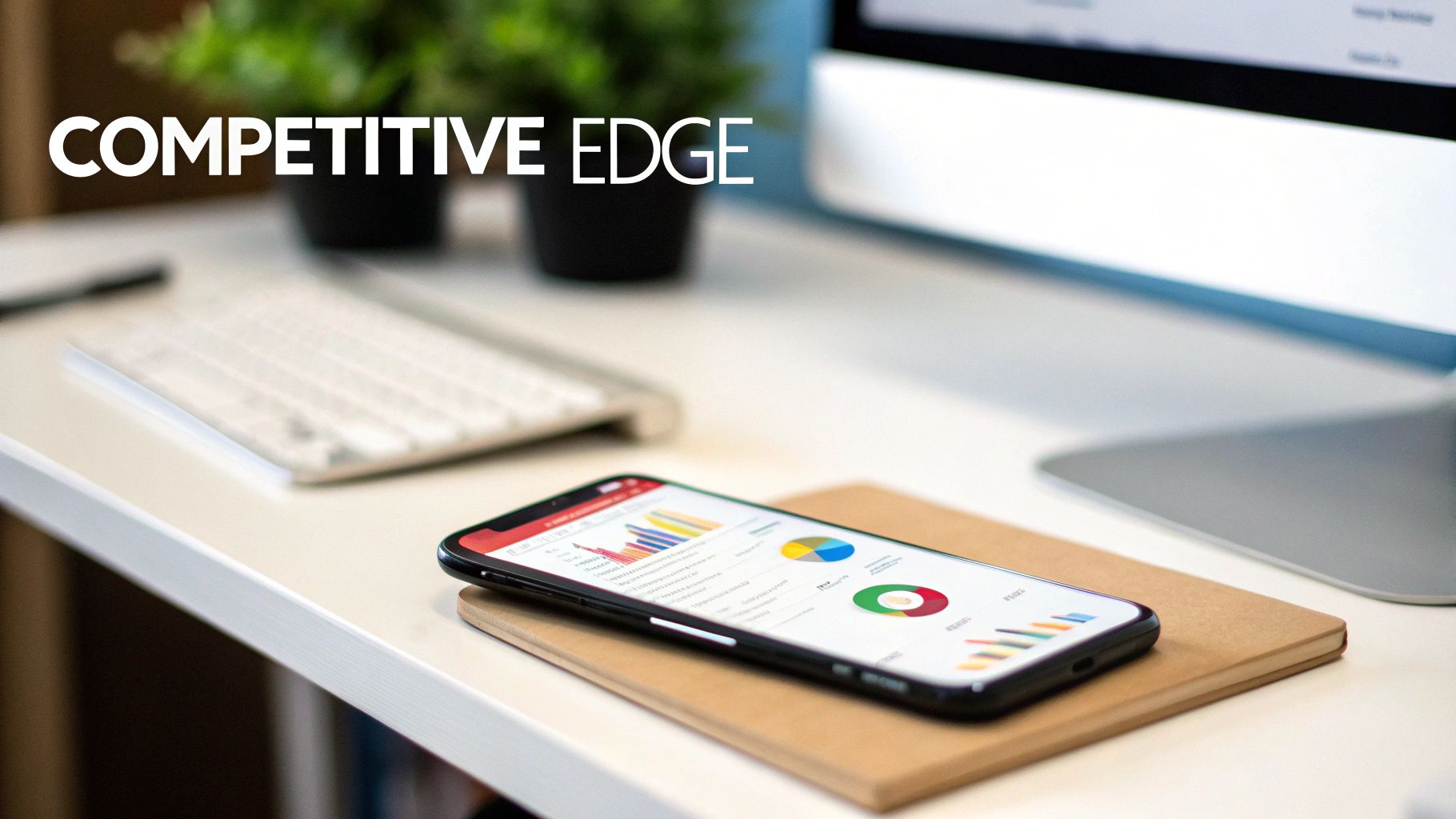 A professional desk setup with a smartphone displaying business charts, a computer, and the text 'Competitive Edge'.