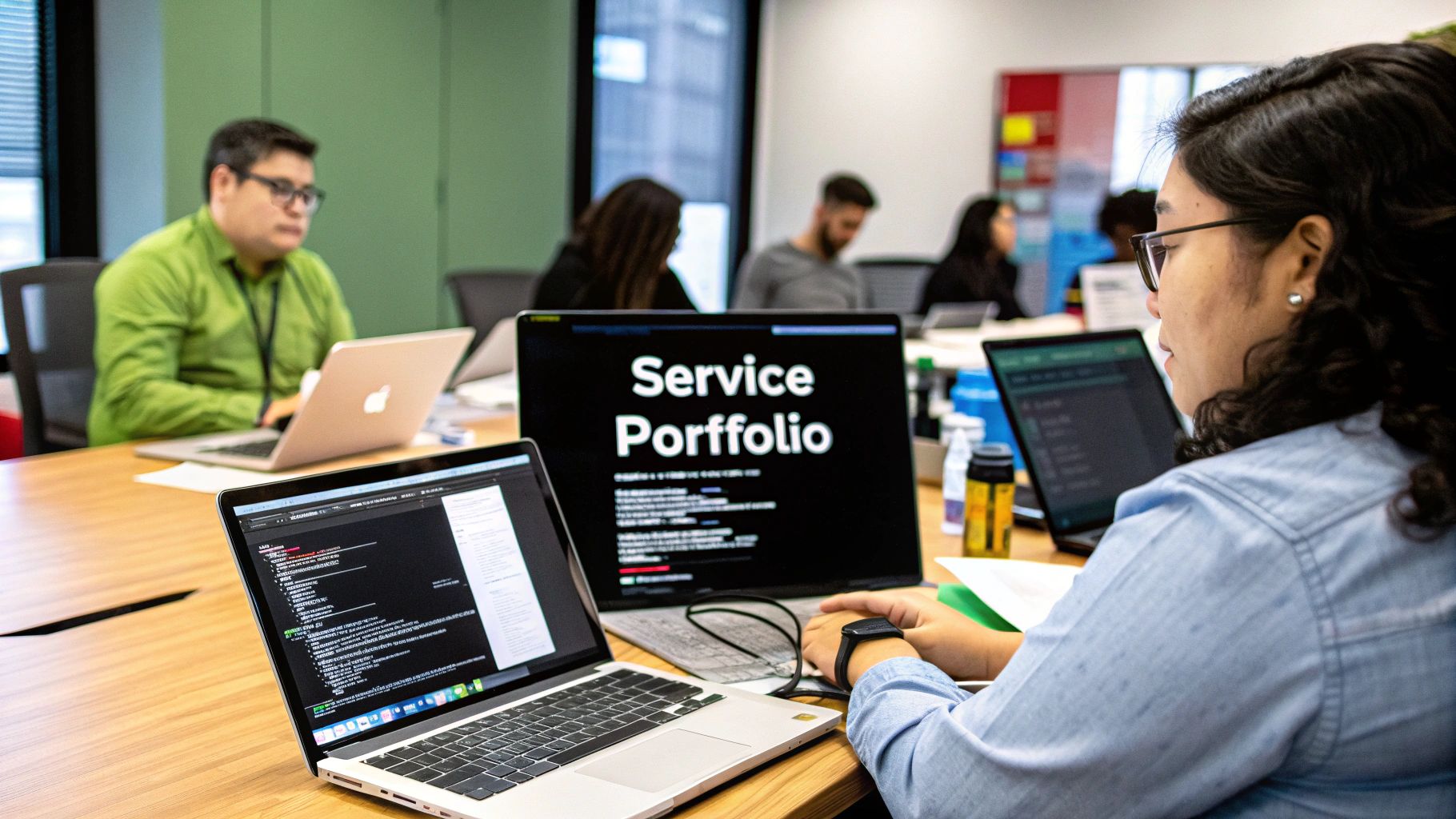 A team of designers and developers reviewing an application on a screen.