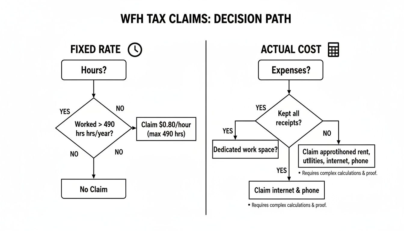 Flowchart outlining two WFH tax claim methods: fixed rate and actual cost with decision steps.