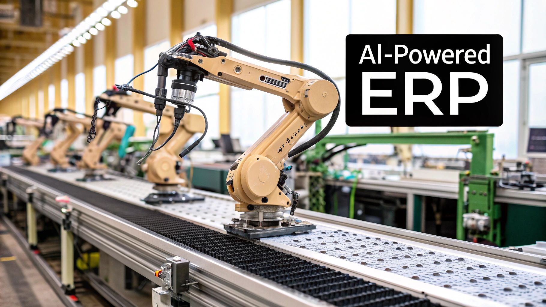 A futuristic factory floor where AI algorithms are displayed on holographic screens, interacting with robotic arms and conveyor belts.
