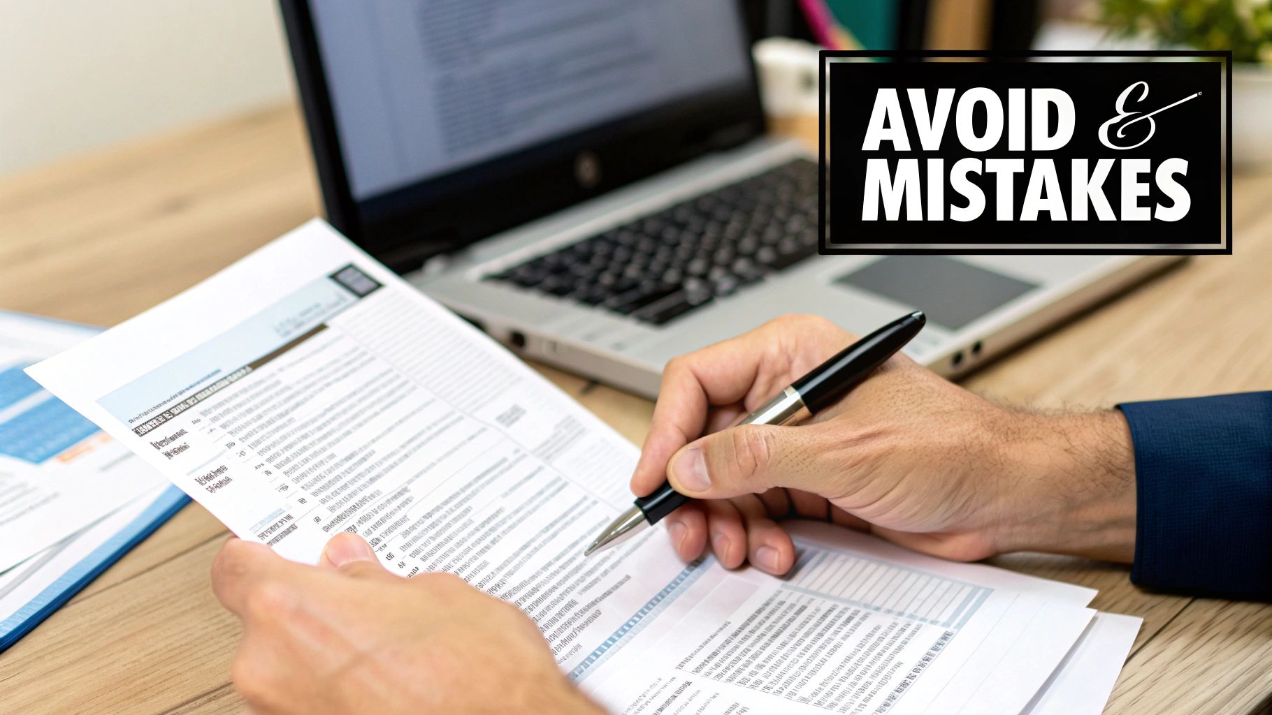 Hands reviewing a financial document with a pen, laptop in background, emphasizing avoiding mistakes in tax preparation.