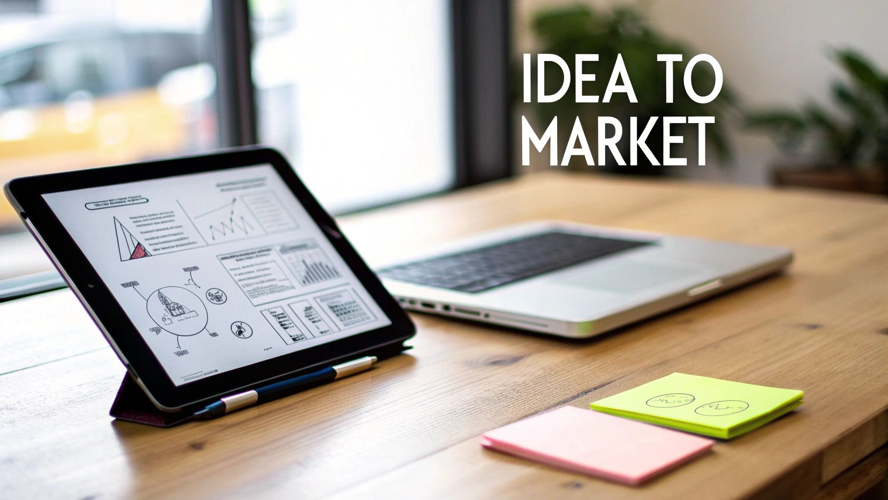 A tablet displays charts and diagrams on a wooden desk next to a laptop and sticky notes, with the text 'IDEA TO MARKET'.