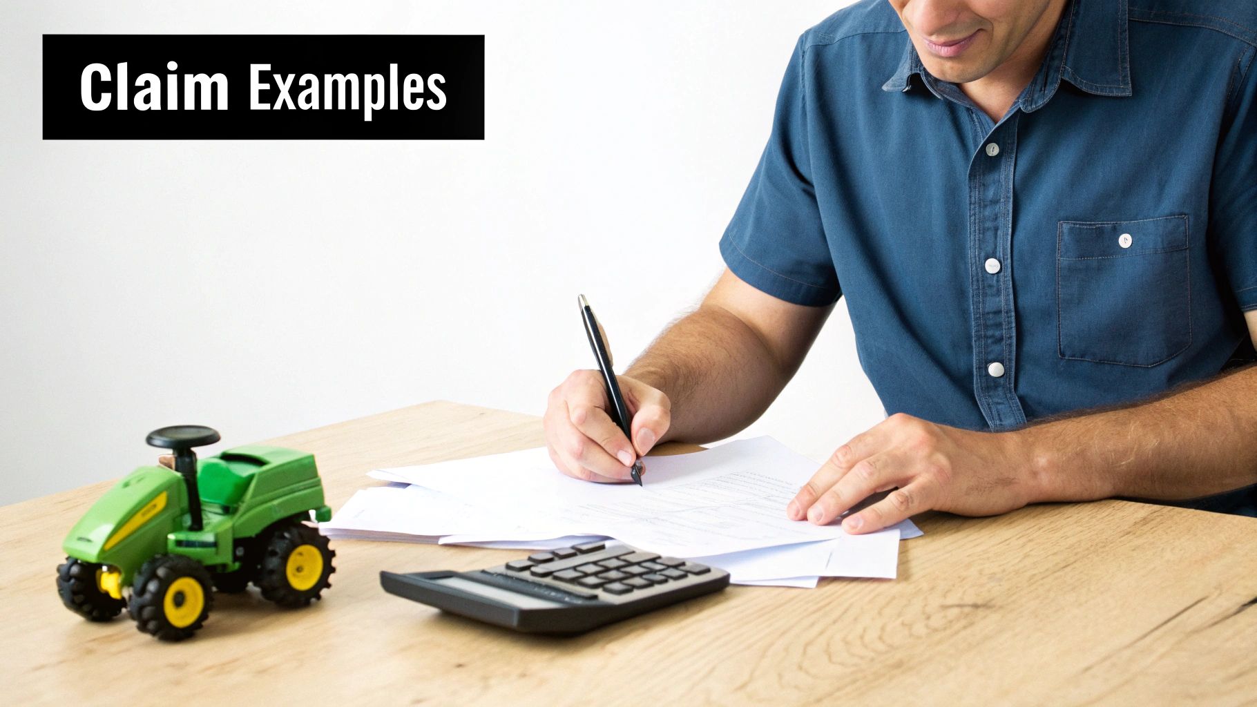 A man filling out claim example forms on a wooden desk with a calculator and a toy tractor.