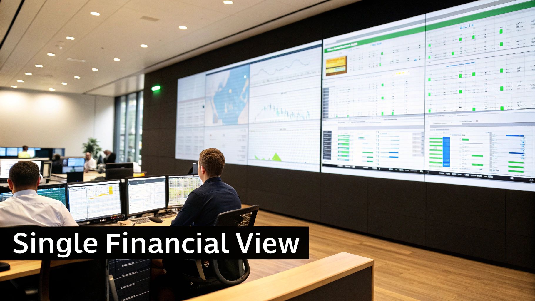 A team collaborating around a computer screen showing financial data, symbolizing the power of ERP in finance.