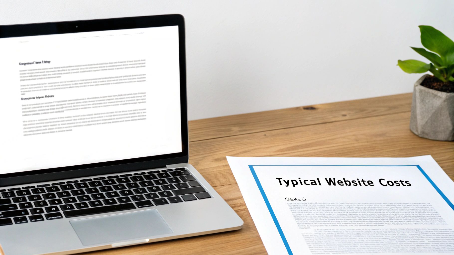 A laptop displaying text and a document titled 'Typical Website Costs' on a wooden desk with a plant.