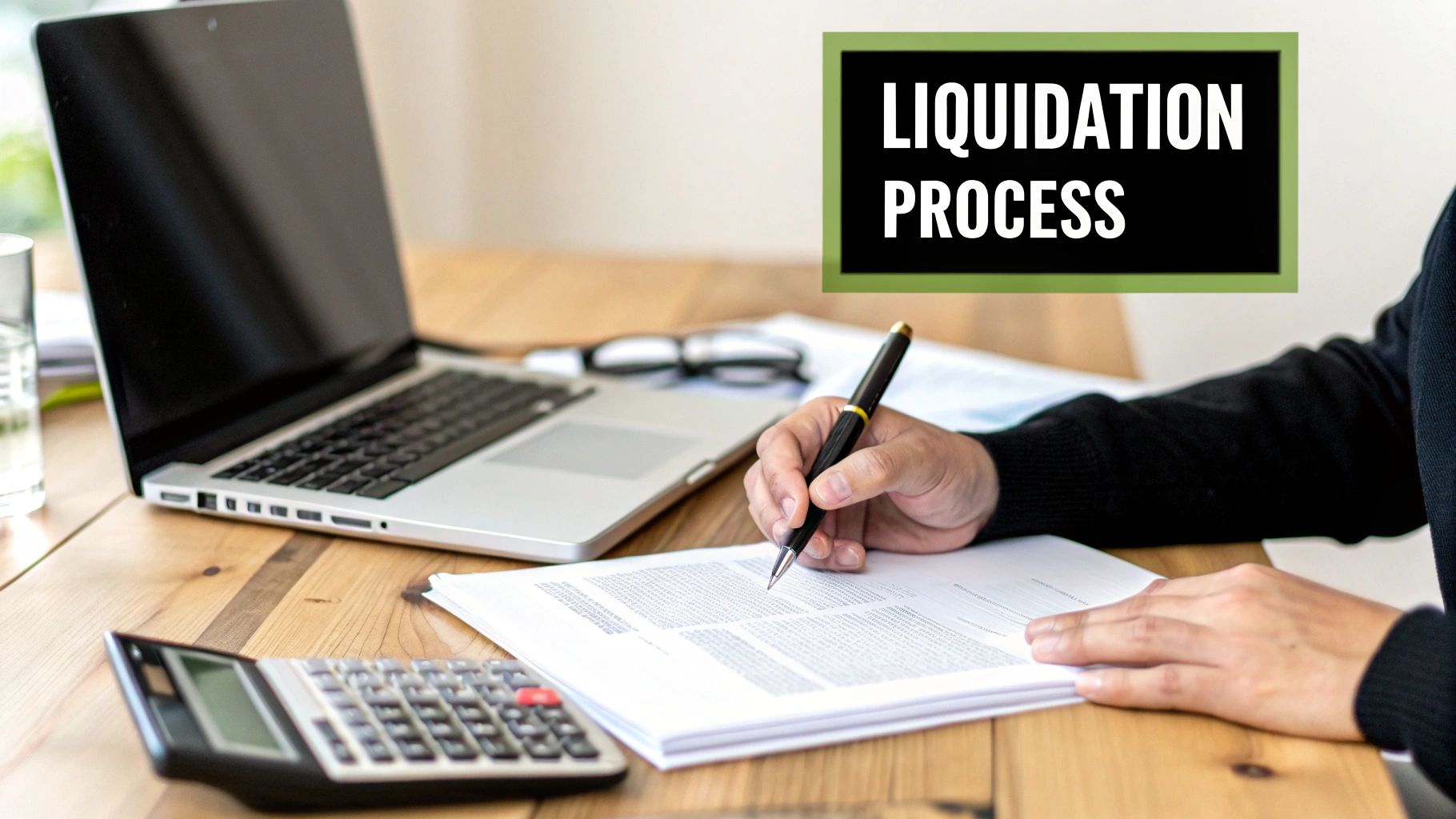A person signs liquidation process documents at a desk with a laptop and calculator.