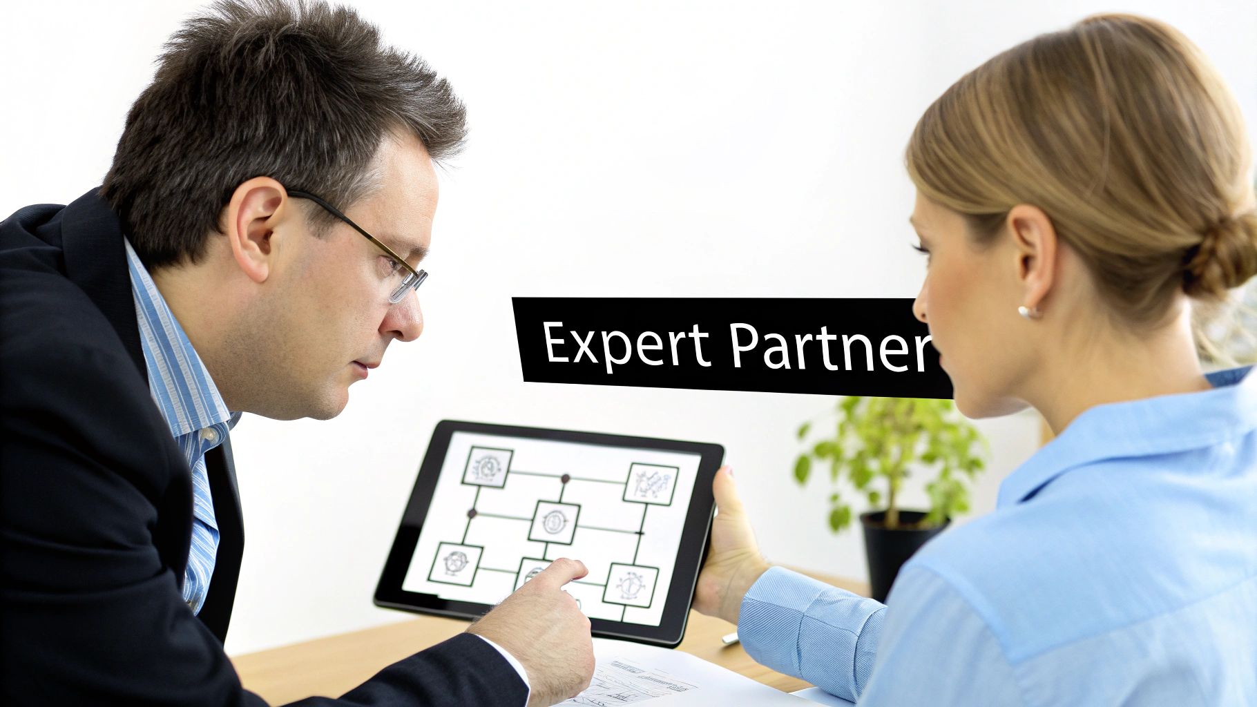 Two business professionals collaborating, looking at a digital tablet with a diagram and 'Expert Partner' text.