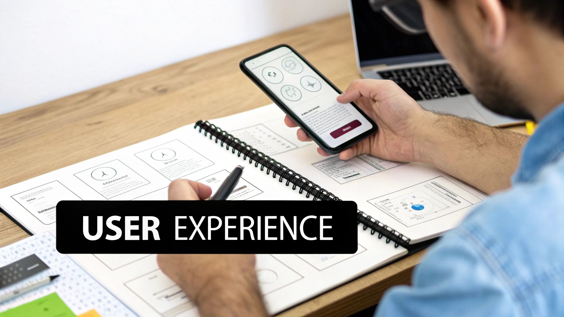 A person engaged in user experience design, working with a smartphone and design sketches.