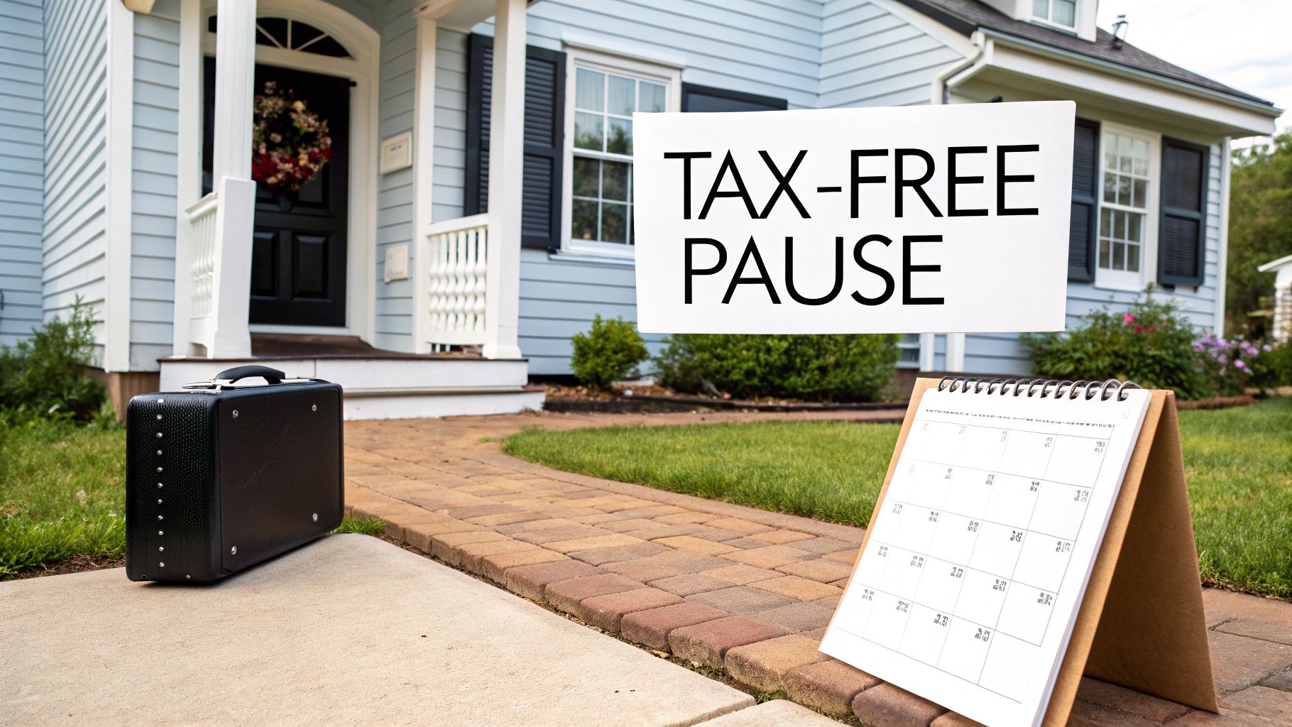 A house with a black briefcase on the sidewalk, a calendar, and a 'TAX-FREE PAUSE' sign.
