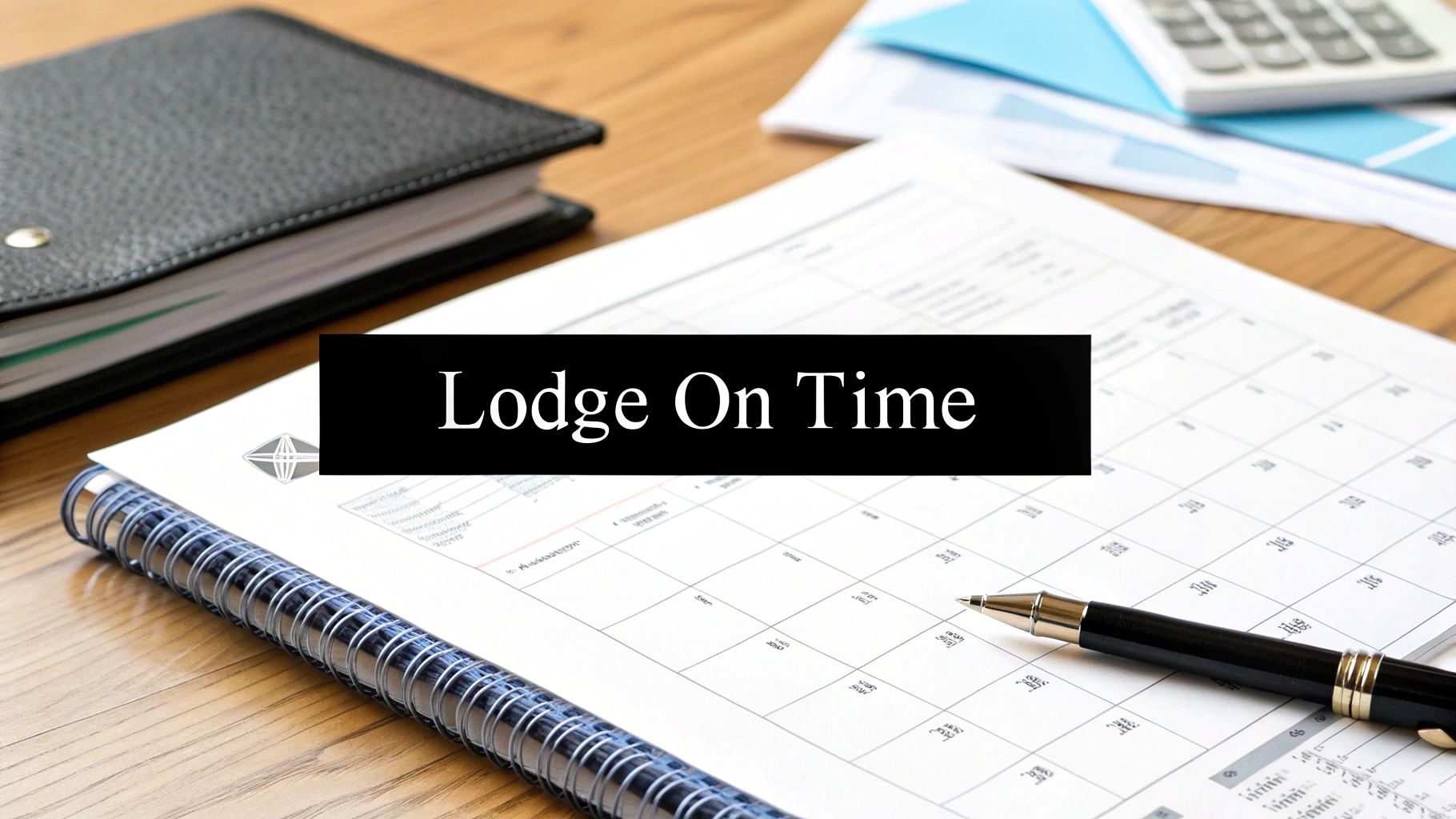 A desk with a calendar, pen, diary, and calculator, featuring the text 'Lodge On Time'.