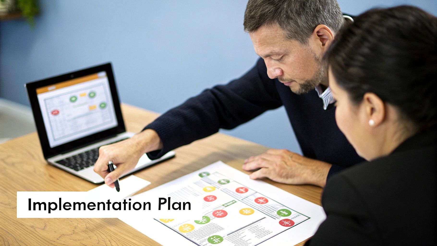 A group of professionals collaborating on a project roadmap, illustrating the planning phase of an Odoo implementation.