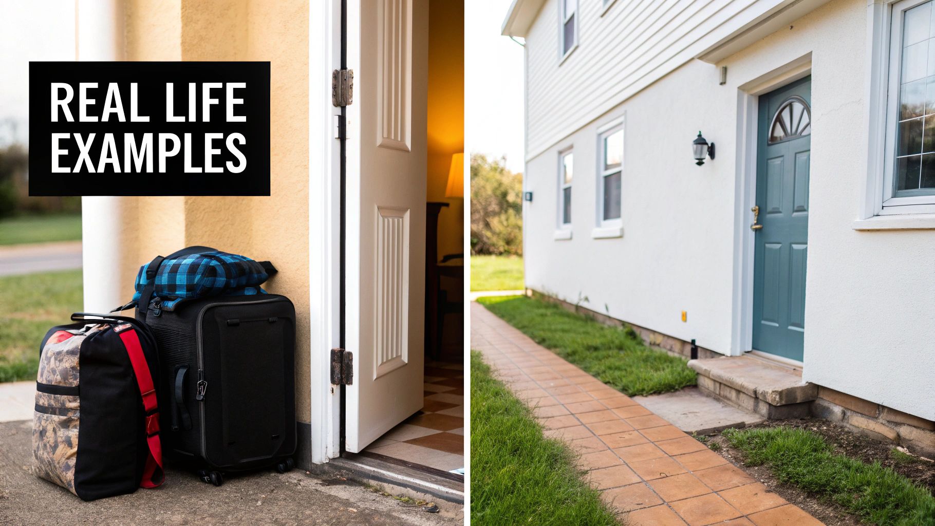 Split image showing luggage by an open door and a white house with a teal front door.