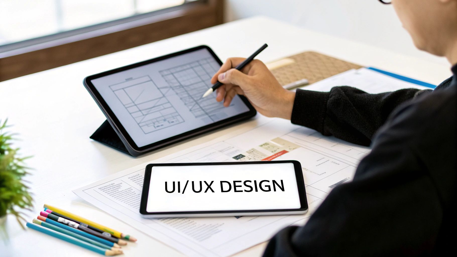An image showing a diverse team of professionals collaborating around a table with laptops and documents, representing a strategic business meeting for web application development.