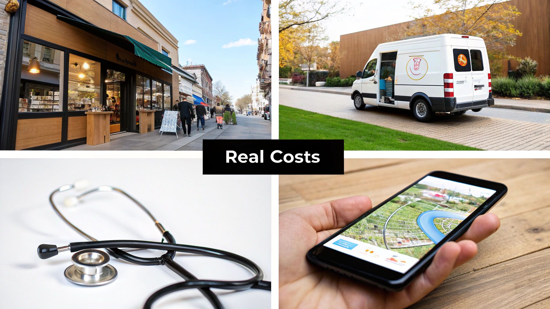 Collage depicting real costs: a storefront, a delivery van, a stethoscope, and a smartphone app.