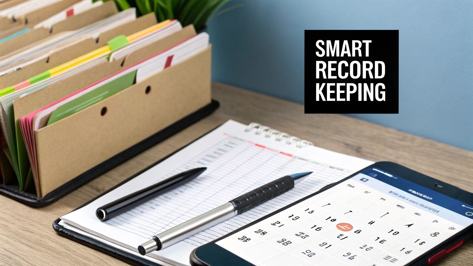 An organized desk with files, a notepad, pens, and a smartphone displaying a calendar for smart record keeping.