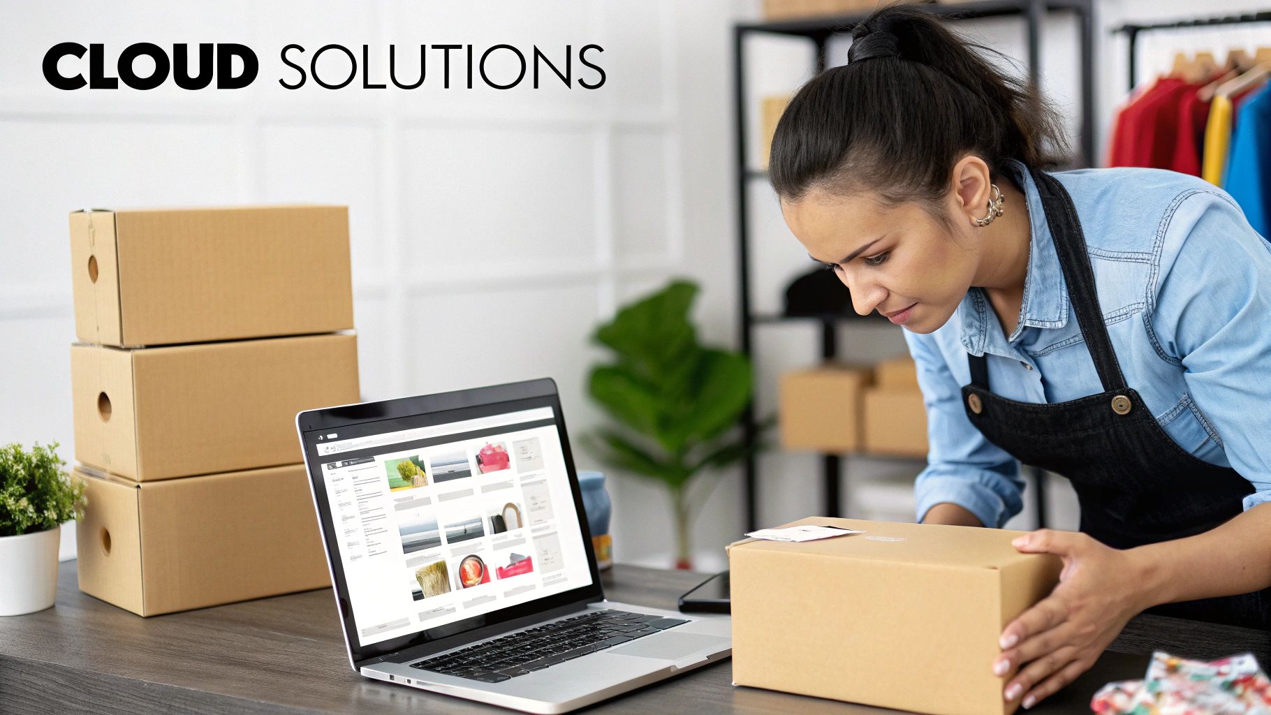 A small business owner using a tablet to manage inventory, with digital icons for sales, shipping, and customer service floating around her.