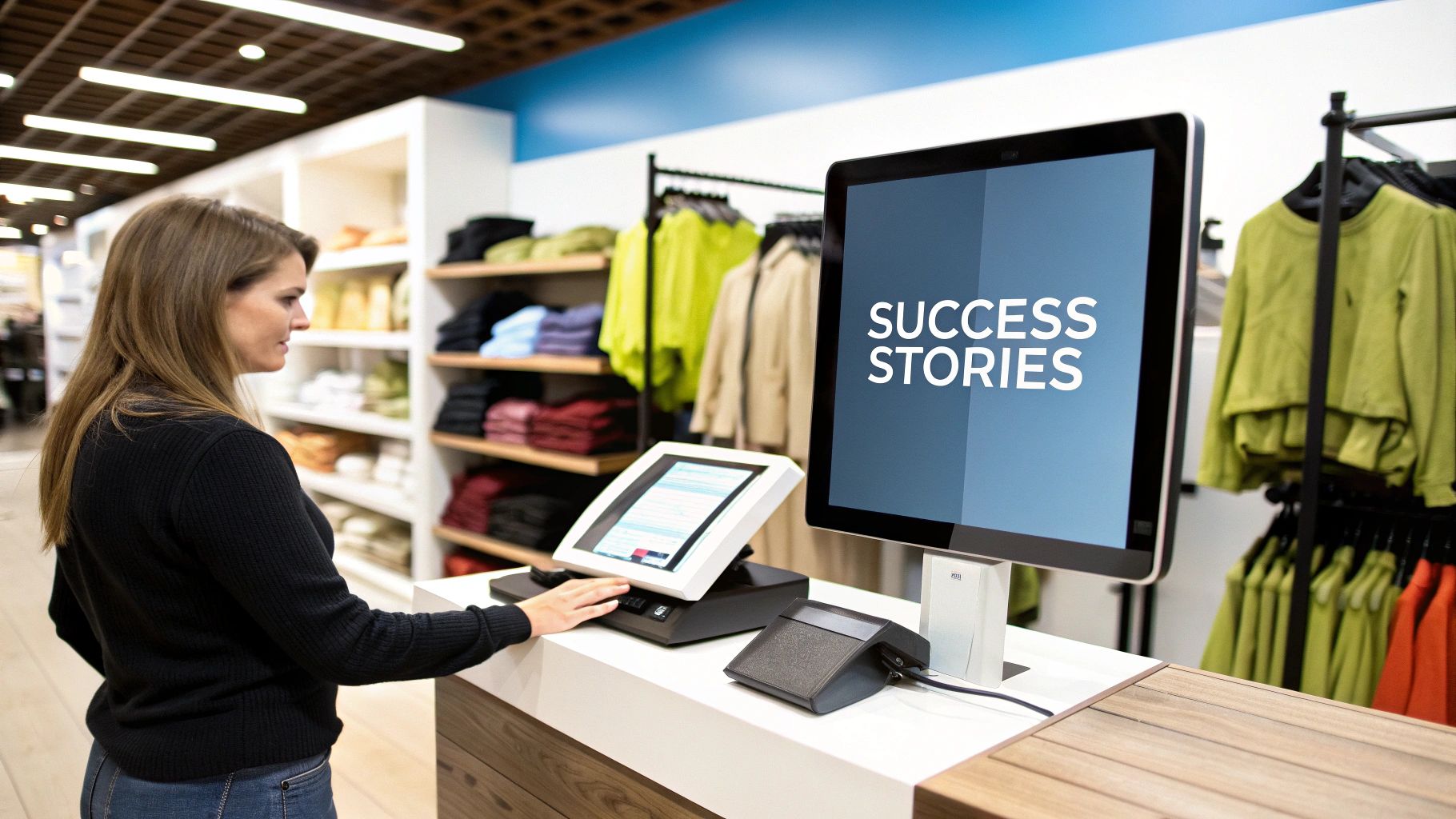 A team in a modern Australian office reviewing successful business metrics on a large screen.