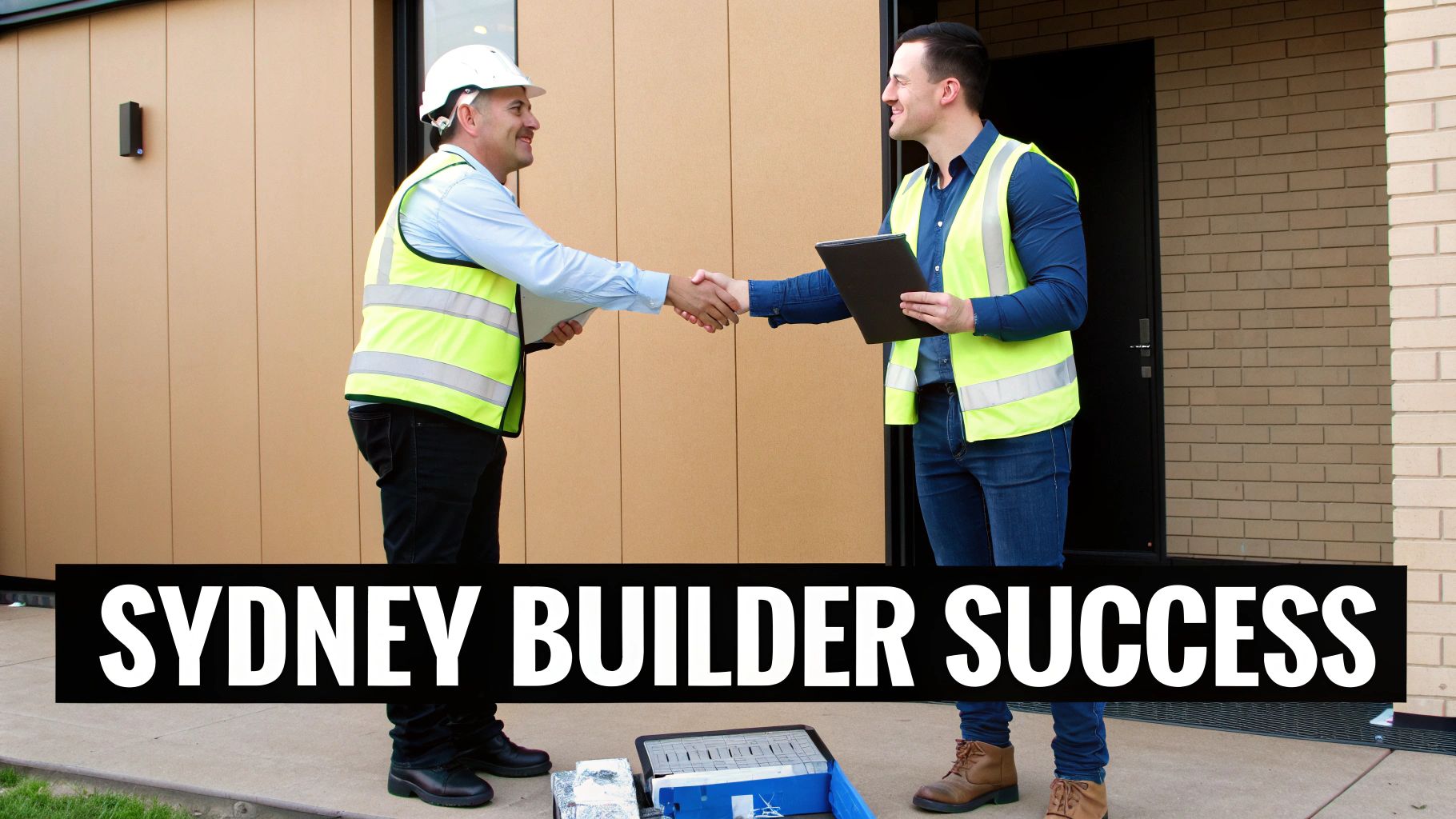 Two smiling construction professionals in high-vis vests shaking hands outside a modern building.