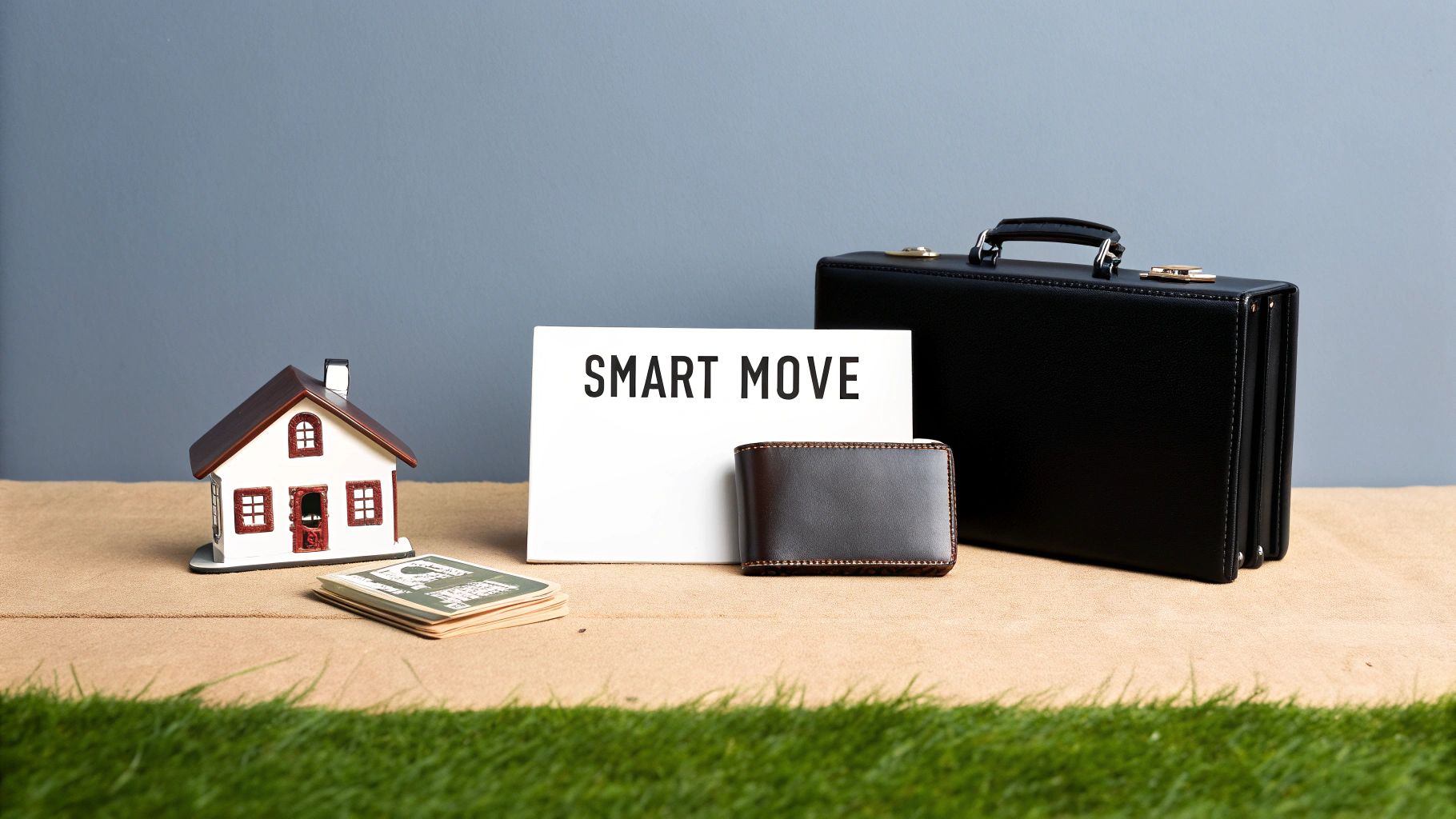 A miniature house, a "SMART MOVE" sign, a wallet, and a briefcase on a brown surface.