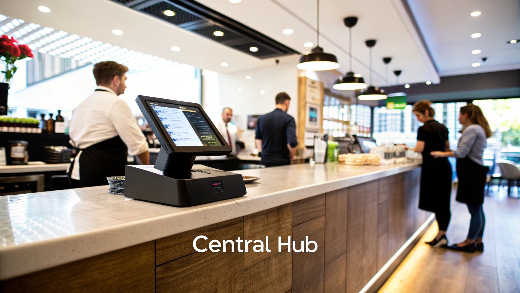 A restaurant owner using a POS system tablet to manage orders