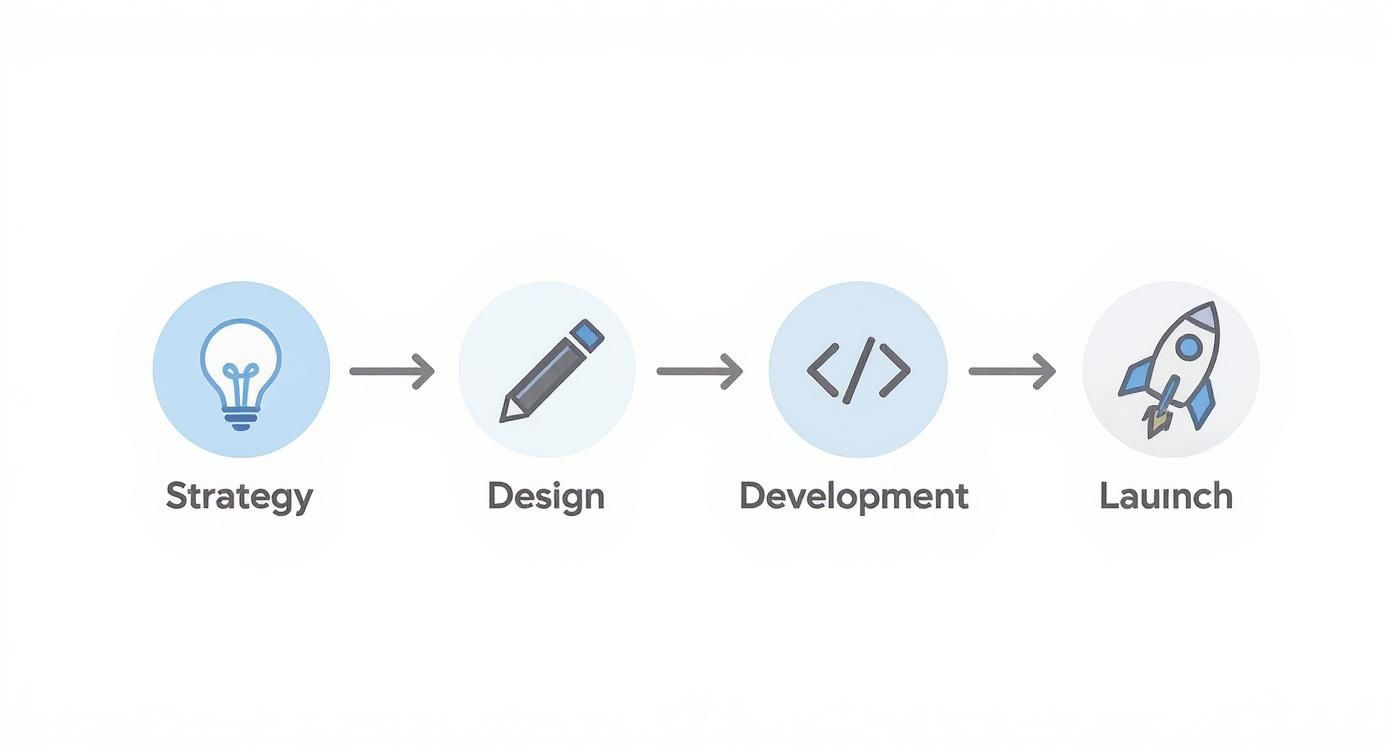 Four stage mobile app development process showing strategy, design, development and launch phases with icons