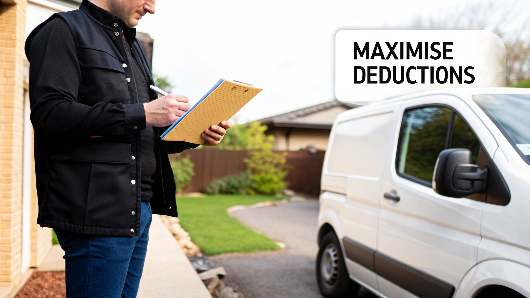 Man filling out a log book next to a white commercial van with "Maximise Deductions" text.