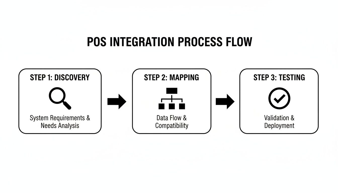 A clear flowchart illustrating the three-step POS integration process: Discovery, Mapping, and Testing.