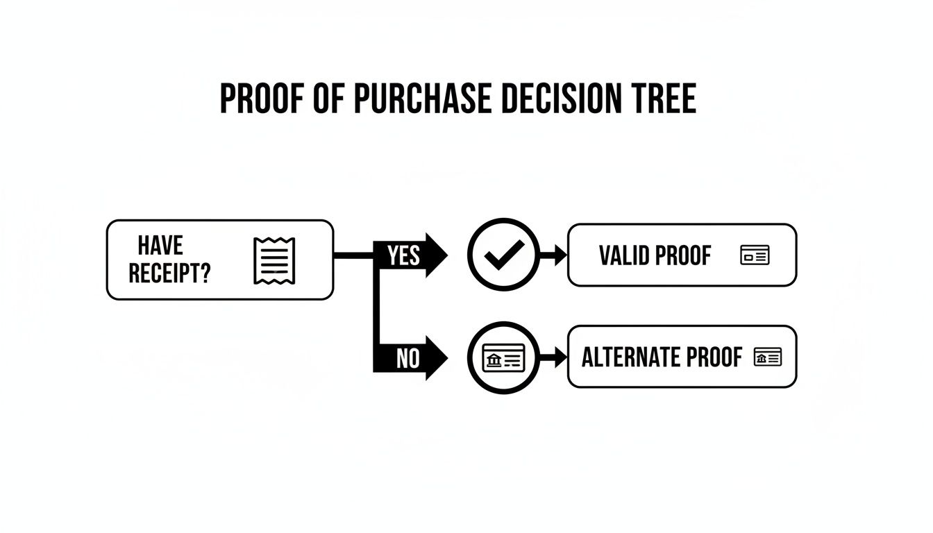 A decision tree outlining proof of purchase options, leading to valid proof with a receipt or alternate proof without one.