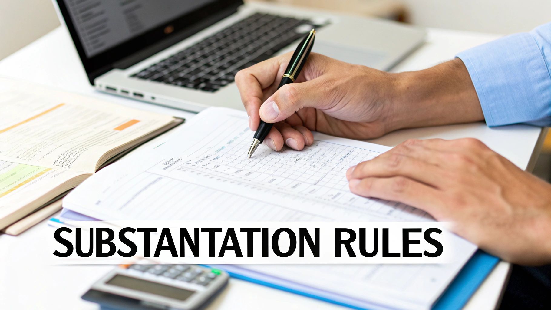 A person's hands writing on a ledger with a pen, surrounded by a laptop and calculator, with 'SUBSTANTIATION RULES' text.