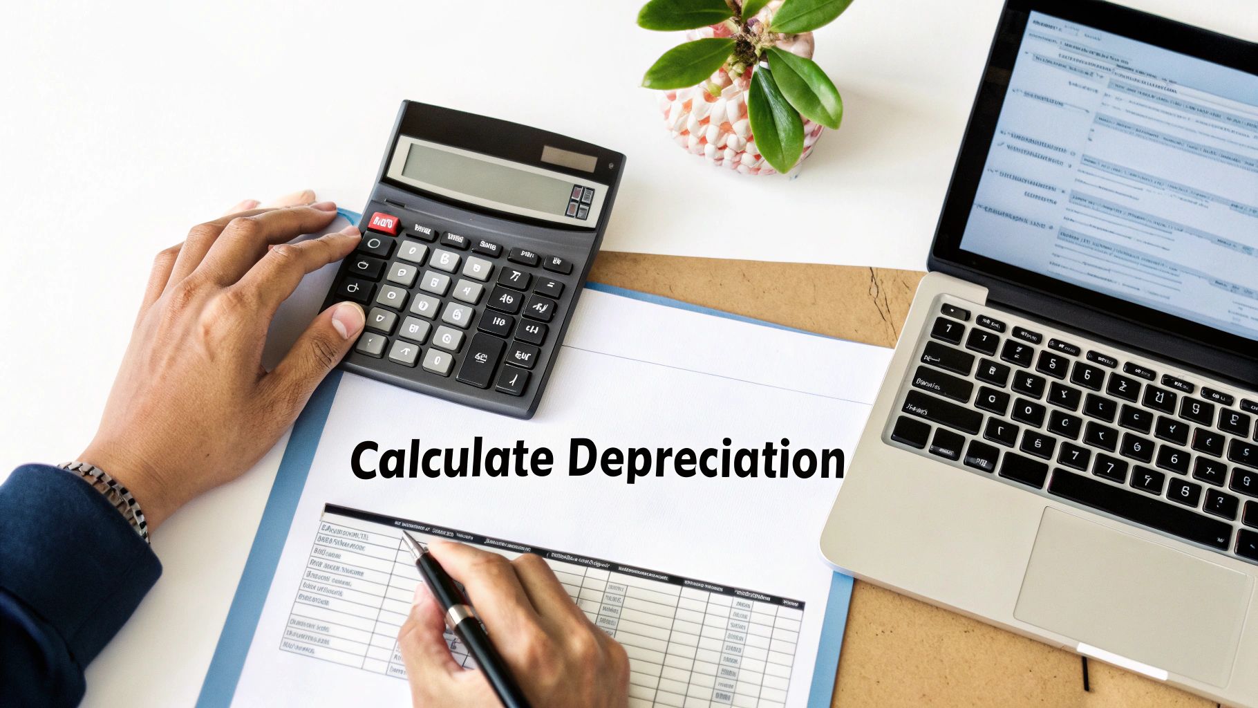 A person uses a calculator and laptop, reviewing documents to calculate depreciation.