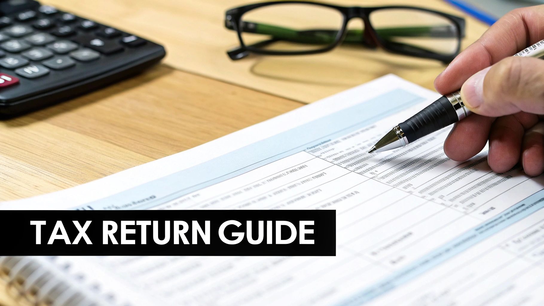 A hand fills out a tax return form with a pen, calculator, and glasses on a desk, with text 'TAX RETURN GUIDE'.