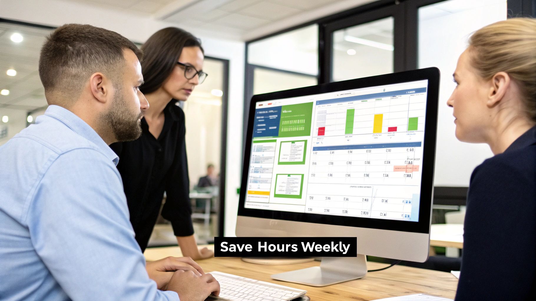 Three diverse colleagues collaboratively analyze data on a computer screen displaying business dashboards, focusing on efficiency.