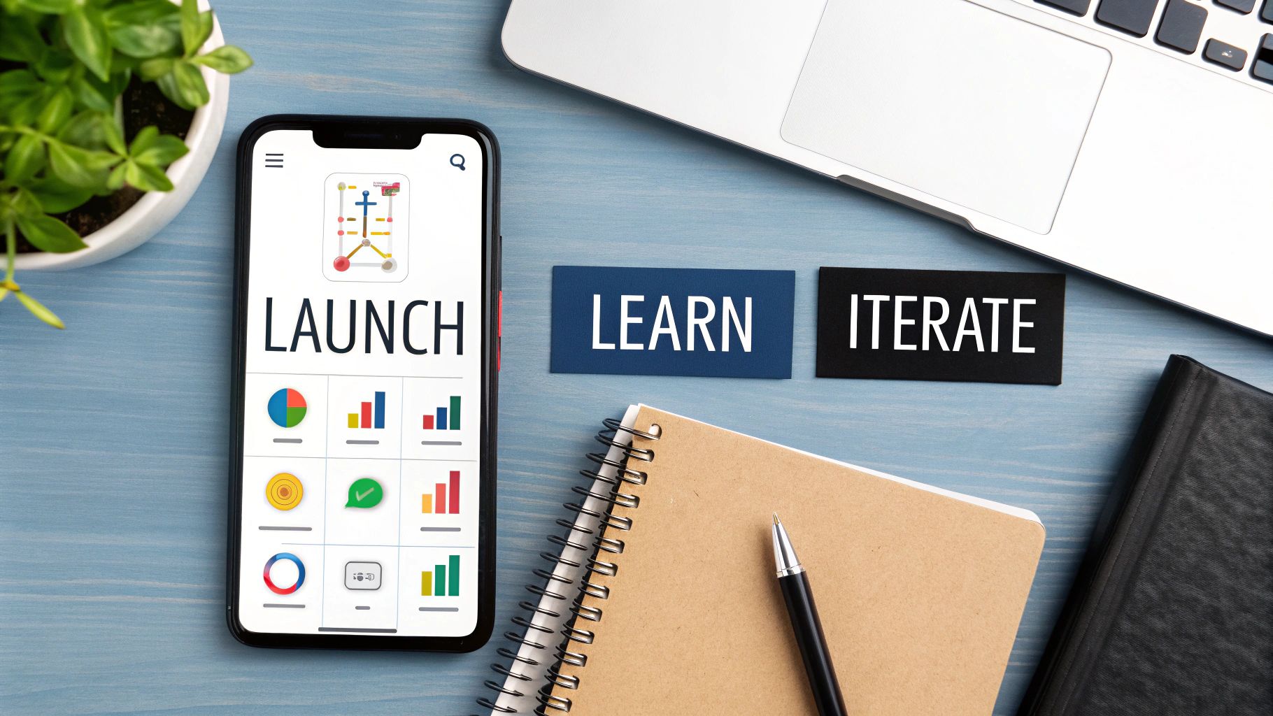 Smartphone displaying 'LAUNCH' app, 'LEARN' and 'ITERATE' cards, laptop, and notebook on a desk.