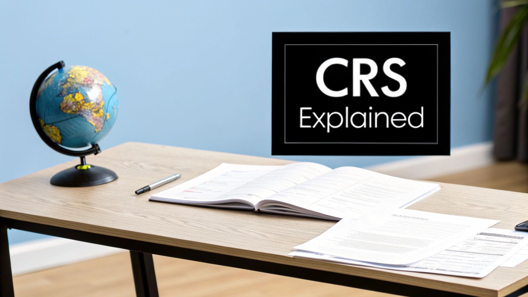 A light wooden desk features a globe, open book, pen, documents, and a 'CRS Explained' sign.