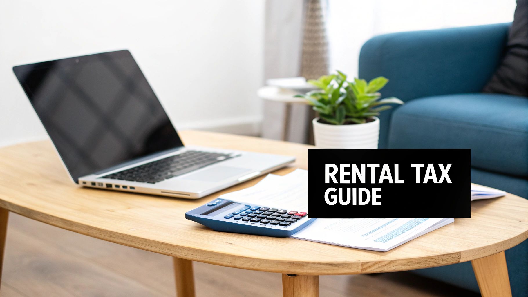 A laptop, calculator, and documents on a wooden table with 'RENTAL TAX GUIDE' text overlay.