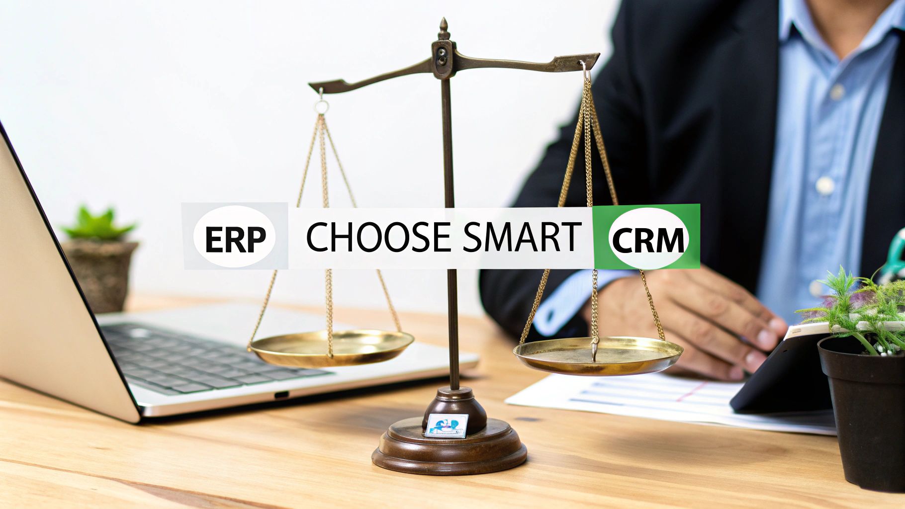 A business professional at a crossroads, looking at two signs pointing to ERP and CRM, symbolizing the decision-making process.